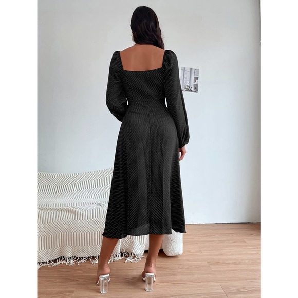 Polka Dot Print Knot Front Lantern long sleeve midi Dress rust brown - Picture 5 of 8